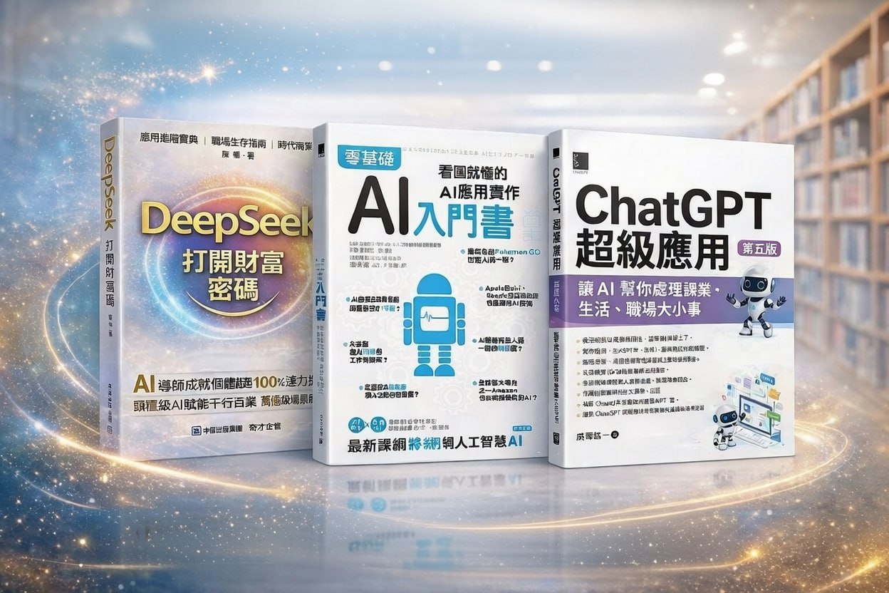AI 入門、DeepSeek 與 ChatGPT 三本書籍展示